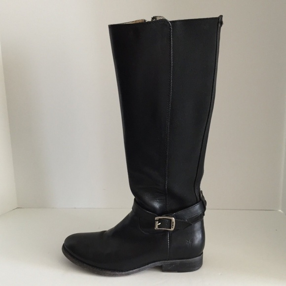 Frye Women's Tall Riding Boots Leather Stretch Combo Round Toe Low Heel Zip 5.5B - Picture 1 of 16